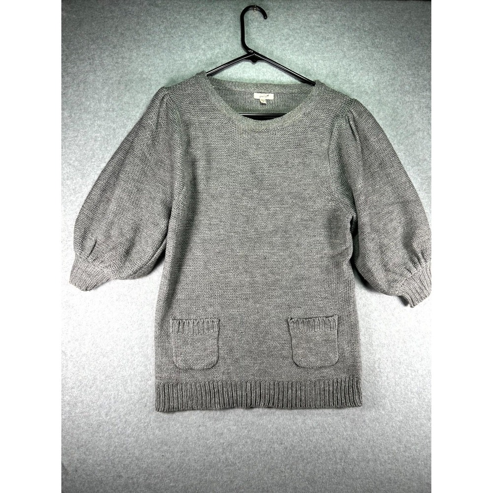 Grane Sweater Womens Medium Gray Knit 3/4 Puff Sleeve Round Neck Cottagecore